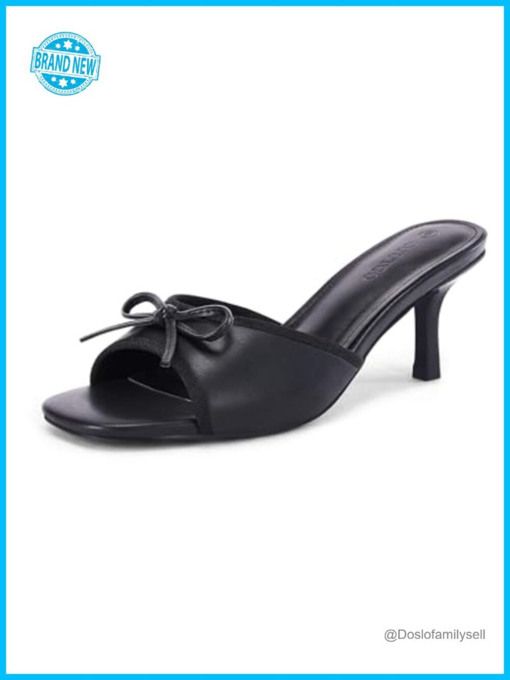 Womens Kitten Heel Mules Square Toe Bow Slide Sandals Faux Leather